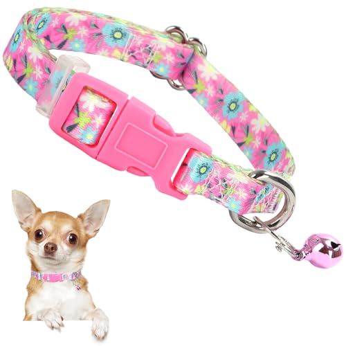 XS Hundehalsband mit Glöckchen, strapazierfähiges Nylon-Halsband für kleine Rassen, verstellbares Blumenmuster Halsband für Chihuahua, Zwergspitz, Yorkie, strapazierfähig für aktive Welpen (XS) von ONEFOJOJO