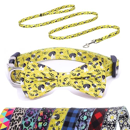 Yellow Bees Hundehalsband und Leine, mit Fliege, verstellbares Hundehalsband für männliche und weibliche Hunde, gelbe Halsbänder für XS, kleine, mittelgroße und große Hunde (Biene M) von ONEFOJOJO