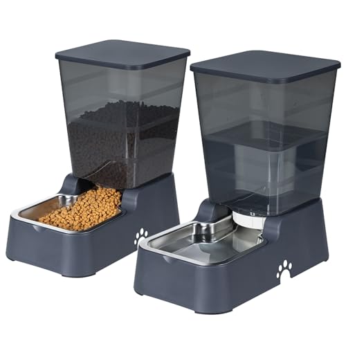 Automatischer Futterspender und Wasserspender für Hunde und Katzen, mit 304 Edelstahlnapf, geeignet für mittelgroße und große Hunde und Katzen, große Kapazität 5,3 l, 2 Stück (schwarzes Set) von ONEFOLL