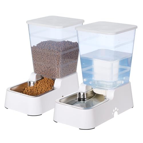 Automatisches Futterspender und Wasserspender für Hunde und Katzen, mit 304 Edelstahlnapf, geeignet für mittelgroße und große Hunde und Katzen, großes Fassungsvermögen, 5,3 l, 2 Stück (weißes Set) Automatisches Futterspender und Wasserspender für Hunde und Katzen, mit 304 Edelstahlnapf, geeignet für mittelgroße und große Hunde und Katzen, großes Fassungsvermögen, 5,3 l, 2 Stück (weißes Set) von ONEFOLL