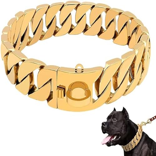 ONNAT Goldkette Hundehalsband Hochleistungs-Choke Kubanische Hundekette für Große Hunde, 30 Mm Breite, Hundehalsband, Starke Stahlmetallglieder für Große Rassen,Gold,16inch(40cm) von ONNAT