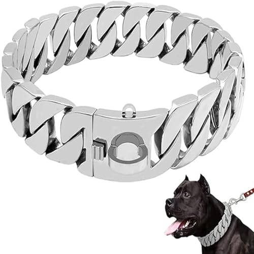 ONNAT Goldkette Hundehalsband Hochleistungs-Choke Kubanische Hundekette für Große Hunde, 30 Mm Breite, Hundehalsband, Starke Stahlmetallglieder für Große Rassen,Silber,16inch(40cm) von ONNAT