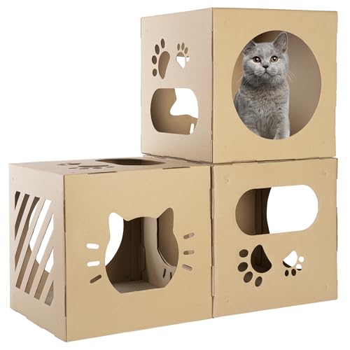 ONVAYA® Kartonhaus für Katzen mit Kratzboards ǀ einfacher Aufbau ǀ inklusive Kratzbrett ǀ ideal für DIY-Projekte ǀ Katzenhaus aus Pappe von ONVAYA