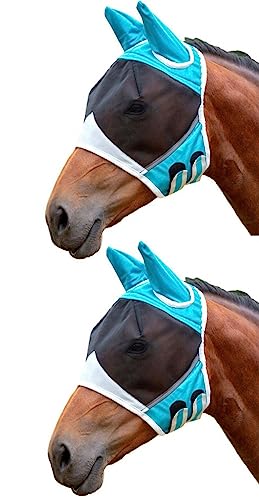 Fliegenmaske für Pferde, atmungsaktiv, feinmaschig, gegen Mücken, mit Ohren, Größe M, Blau, 2 Stück von OOGUDE