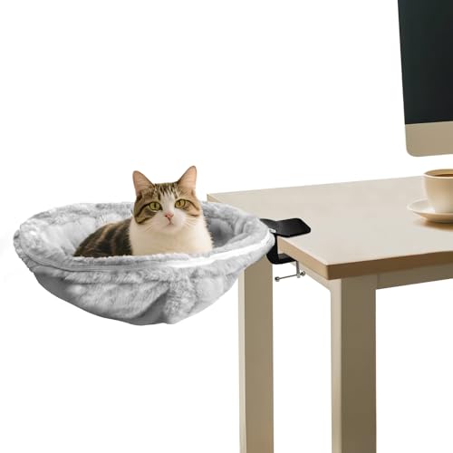 Verstellbare Schreibtisch-Hängematte für Katzen, weiches Kunstfell mit Stahlrahmen, unterstützt bis zu 22,7 kg, platzsparendes erhöhtes Bett für Katzen, perfekt für Schreibtische, Tische und von OOKIDOKI