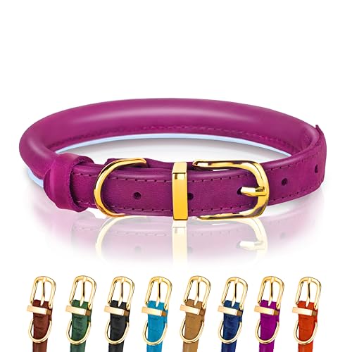 Hundehalsband aus gerolltem Leder - Leder Welpenhalsbänder für kleine Hunde Katzen - Runde Hundehalsbänder für mittelgroße Hunde - Weich Gepolstert (18-23cm, Rose) von OOPSDOGGY