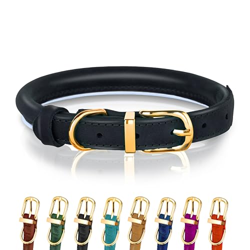 Hundehalsband aus gerolltem Leder - Leder Welpenhalsbänder für kleine Hunde Katzen - Runde Hundehalsbänder für mittelgroße Hunde - Weich Gepolstert (18-23cm, Schwarz) von OOPSDOGGY