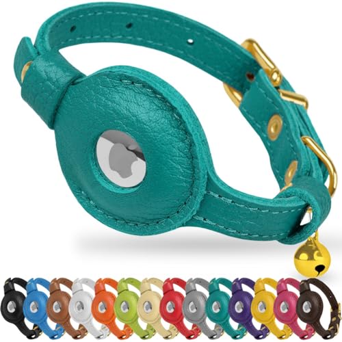 OOPSDOGGY AirTag-Katzenhalsband aus Leder mit Glöckchen, nicht abreißbar, mit Apple Airtag-Halter, leichtes GPS-Haustierhalsband für Mädchen, Jungen, Katzen, kleine Hunde, Welpen von OOPSDOGGY