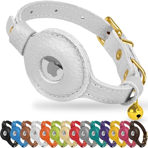 OOPSDOGGY AirTag-Katzenhalsband aus Leder mit Glöckchen, nicht abreißbar, mit Apple Airtag-Halter, leichtes GPS-Haustierhalsband für Mädchen, Jungen, Katzen, kleine Hunde, Welpen (Weiß) von OOPSDOGGY