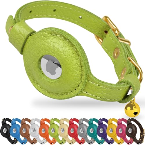 OOPSDOGGY AirTag Katzenhalsband mit Glöckchen, nicht abreißbares Leder-Kätzchenhalsband mit Apple Air-Tag-Halter, leicht, integriertes GPS-Haustierhalsband für Mädchen, Jungen, Katzen, kleine Hunde, von OOPSDOGGY