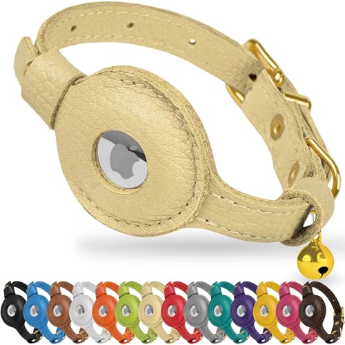 OOPSDOGGY AirTag Katzenhalsband mit Glöckchen, nicht abreißbares Leder-Kätzchenhalsband mit Apple Air-Tag-Halter, leicht, integriertes GPS-Haustierhalsband für Mädchen, Jungen, Katzen, kleine Hunde, von OOPSDOGGY