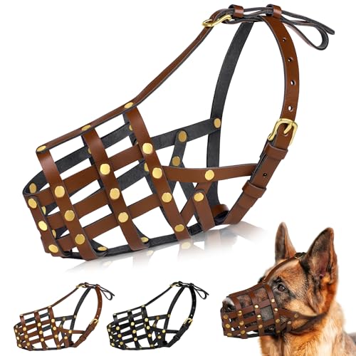 OOPSDOGGY Deutscher Schäferhund Maulkorb für große Hunde - Leder Atmungsaktiv Sicherer Korb Maulkorb für Große Rassen Verhindert Beißen Kein Kauen Verstellbar (Braun, Klein) von OOPSDOGGY