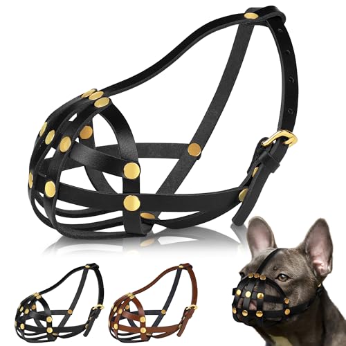 OOPSDOGGY Französische Bulldogge Maulkorb für kurze Schnauze Hund – Leder atmungsaktiv sicherer Korb Maulkorb für Frenchie verhindert Beißen kein Kauen, verstellbar (Schwarz, Größe 2 - Französische von OOPSDOGGY