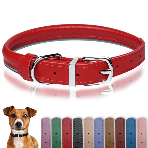 OOPSDOGGY Hundehalsband aus gerolltem Leder, reflektierend, Rollhalsbänder für kleine, mittelgroße und große Hunde, Welpen (Rot, XL, 43-53 cm) von OOPSDOGGY