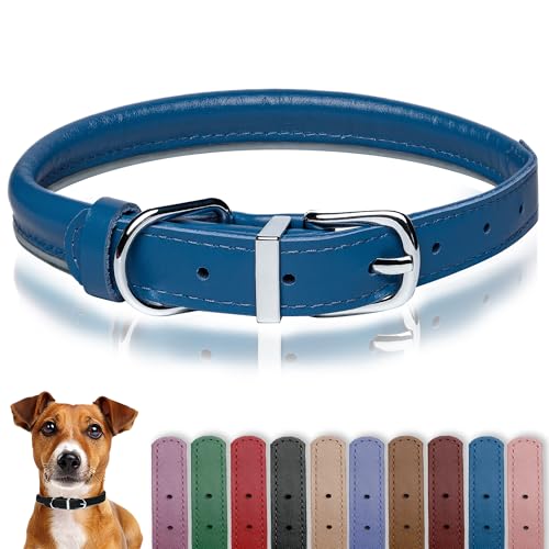 OOPSDOGGY Hundehalsband aus gerolltem Leder, reflektierend, für kleine, mittelgroße und große Hunde, Welpen (Dunkelblau, XXS, 17–22 cm) von OOPSDOGGY
