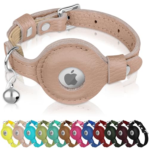 OOPSDOGGY Katzenhalsband für AirTag-Halter, Leder-Kätzchen-Halsbänder mit Gummiband und Glöckchen, nicht abreißbar, verstellbar, für drinnen und draußen, für Jungen, Mädchen (Beige) von OOPSDOGGY