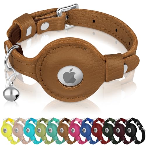 OOPSDOGGY Katzenhalsband für AirTag-Halter, Leder-Kätzchen-Halsbänder mit Gummiband und Glöckchen, nicht abreißbar, verstellbar, für drinnen und draußen, für Jungen, Mädchen (Braun) von OOPSDOGGY