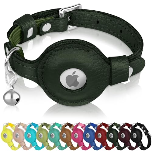 OOPSDOGGY Katzenhalsband für AirTag-Halter, Leder-Kätzchen-Halsbänder mit Gummiband und Glöckchen, nicht abreißbar, verstellbar, für drinnen und draußen, für Jungen, Mädchen (Grün) von OOPSDOGGY