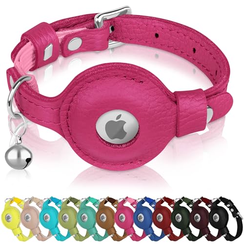 OOPSDOGGY Katzenhalsband für AirTag-Halter, Leder-Kätzchen-Halsbänder mit Gummiband und Glöckchen, nicht abreißbar, verstellbar, für drinnen und draußen, für Jungen, Mädchen (Rosa) von OOPSDOGGY