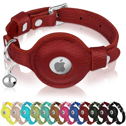 OOPSDOGGY Katzenhalsband für AirTag-Halter, Leder-Kätzchen-Halsbänder mit Gummiband und Glöckchen, nicht abreißbar, verstellbar, für drinnen und draußen, für Jungen, Mädchen (Rot) von OOPSDOGGY