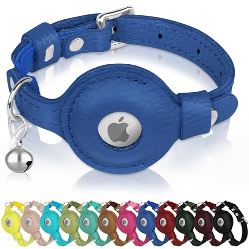 OOPSDOGGY Katzenhalsband für AirTag-Halter, Leder-Kätzchen-Halsbänder mit Gummiband und Glöckchen, nicht abreißbar, verstellbar, für drinnen und draußen, für Jungen, Mädchen (blau) von OOPSDOGGY