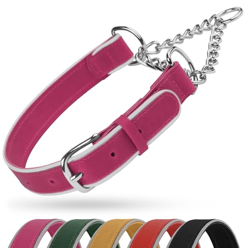 OOPSDOGGY Reflektierendes Martingale-Hundehalsband aus Leder, verstellbar, kein Ziehen, Edelstahlkette, Trainingshalsband für kleine (Rosa, Größe M, 38,1-48,3) von OOPSDOGGY