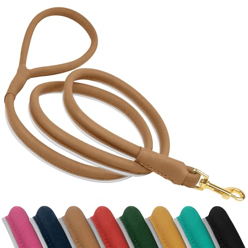 OOPSDOGGY Reflektierende Hundeleine aus gerolltem Leder, 1,8 m, langlebig, für kleine, mittelgroße und große Hunde, Braun, Größe L von OOPSDOGGY