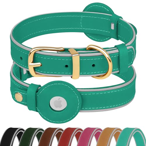 OOPSDOGGY Reflektierendes Airtag-Hundehalsband aus echtem Leder, weich gepolstert, für kleine, mittelgroße und große Rassen, Hunde, Welpen, 4 Größen, 7 Farben (Blaugrün, M, 30,5 - 38,1 cm) von OOPSDOGGY