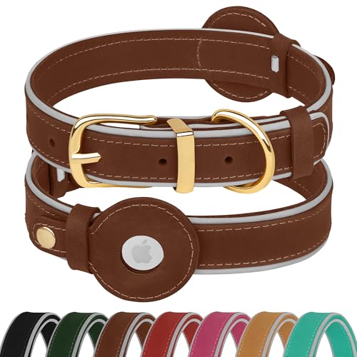 OOPSDOGGY Reflektierendes Airtag-Hundehalsband aus echtem Leder, weich gepolstert, für kleine, mittelgroße und große Rassen, Hunde, Welpen, 4 Größen, 7 Farben (Braun, Größe M, 30,5 - 38,1 cm) von OOPSDOGGY