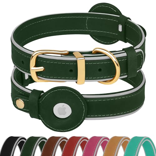 OOPSDOGGY Reflektierendes Airtag-Hundehalsband aus echtem Leder, weich gepolstert, für kleine, mittelgroße und große Rassen, Hunde, Welpen, 4 Größen, 7 Farben (Grün, XL, 48,3 - 61 cm) von OOPSDOGGY