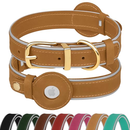 OOPSDOGGY Reflektierendes Airtag-Hundehalsband aus echtem Leder, weich gepolstert, für kleine, mittelgroße und große Rassen, Hunde, Welpen, 4 Größen, 7 Farben (Kamel, L, 38,1 - 48,3 cm) von OOPSDOGGY