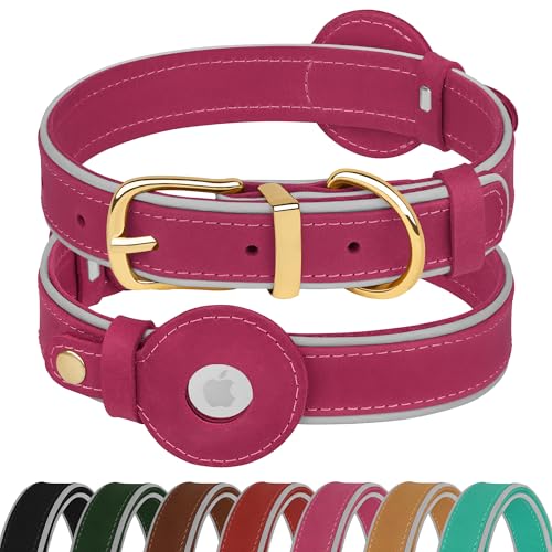OOPSDOGGY Reflektierendes Airtag-Hundehalsband aus echtem Leder, weich gepolstert, für kleine, mittelgroße und große Rassen, Hunde, Welpen, 4 Größen, 7 Farben (Rosa, XL, 48,3 - 61 cm) von OOPSDOGGY