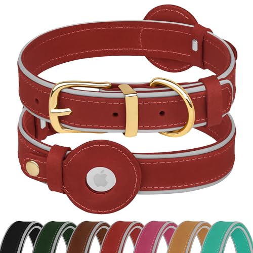 OOPSDOGGY Reflektierendes Airtag-Hundehalsband aus echtem Leder, weich gepolstert, für kleine, mittelgroße und große Rassen, Hunde, Welpen, 4 Größen, 7 Farben (Rot, M, 30,5 - 38,1 cm) von OOPSDOGGY