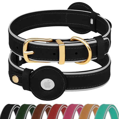 OOPSDOGGY Reflektierendes Airtag-Hundehalsband aus echtem Leder, weich gepolstert, für kleine, mittelgroße und große Rassen, Hunde, Welpen, 4 Größen, 7 Farben (Schwarz, S, 22,9 - 30,5 cm) von OOPSDOGGY