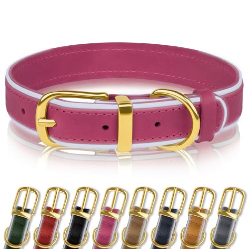 OOPSDOGGY Reflective Genuine Leather Dog Collars Soft Padded Collars for Small Medium Large Puppy 4 Sizes 8 Colors (Rosa, 38,1-48,3 cm) von OOPSDOGGY