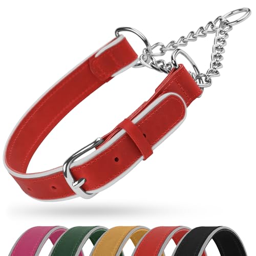 OOPSDOGGY Reflektierendes Martingale-Hundehalsband aus Leder, verstellbar, kein Ziehen, Edelstahlkette, Trainingshalsband für kleine, mittelgroße und große Hunde, Welpen, Rot, Größe M, 38,1 cm - 48,3 von OOPSDOGGY