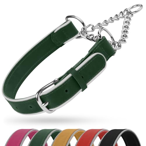 OOPSDOGGY Reflektierendes Martingale-Hundehalsband aus Leder, verstellbar, kein Ziehen, Edelstahlkette, Trainingshalsband für kleine (Grün, Größe M, 38,1-48,3) von OOPSDOGGY