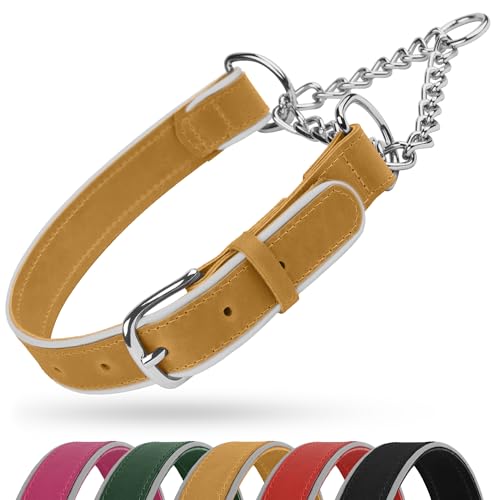 OOPSDOGGY Reflektierendes Martingale-Hundehalsband aus Leder, verstellbar, kein Ziehen, Edelstahlkette, Trainingshalsband für kleine, mittelgroße und große Hunde, Welpen (Kamel, Größe L, 45,7 - 57,1 von OOPSDOGGY