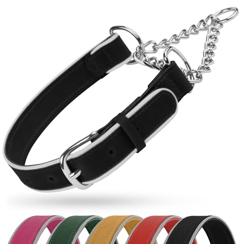 OOPSDOGGY Reflektierendes Martingale-Hundehalsband aus Leder, verstellbar, kein Ziehen, Edelstahlkette, Trainingshalsband für kleine, mittelgroße und große Hunde, Welpen (Schwarz, Größe S, 30,5 - 39,4 von OOPSDOGGY