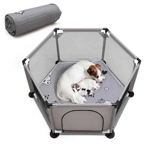 Sechseckige Wurfbox für besonders große Hunde Welpenbox mit Wurfunterlage für große und kleine Hunderassen Wurfzubehör für Hunde und Welpen Maße 122x65 cm von OPEYATOYS