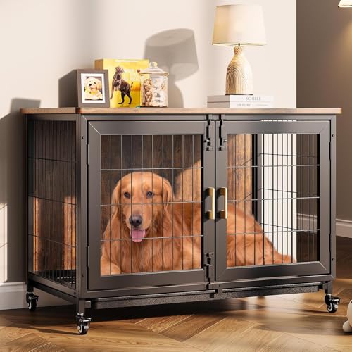 Hundekäfig Hochbelastbar, Hundebox für zuhause mit Rädern, Gitterboden, herausnehmbarem Tablett, Verriegelungen, Hundekäfig Möbel Indoor für mittlere und kleine Hunde, 95x56x65cm, Braun Hundekäfig Hochbelastbar, Hundebox für zuhause mit Rädern, Gitterboden, herausnehmbarem Tablett, Verriegelungen, Hundekäfig Möbel Indoor für mittlere und kleine Hunde, 95x56x65cm, Braun von OPULENTHOME