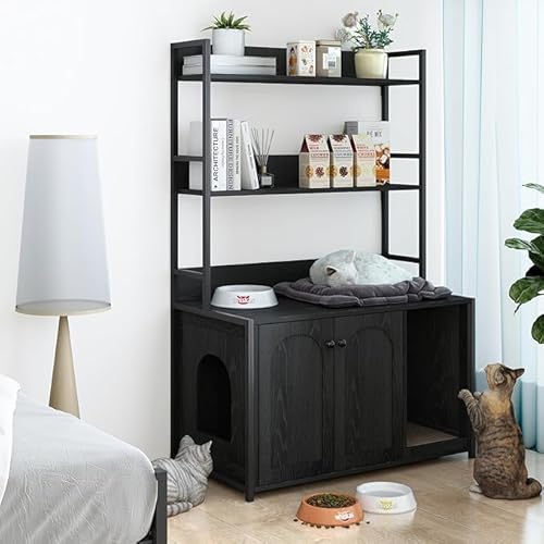 Katzentoilette mit 2 Ablagen - Stilvolle versteckte Möbel für Katzen in Weiß, Kratzbrett, Katzenhaus für Innen und Toilette, platzsparendes Katzenstreuregal (Schwarz) von OPULENTHOME
