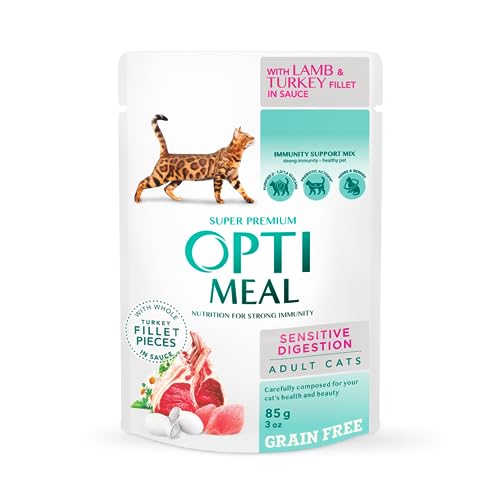OPTIMEAL™. Grain Free Complete сanned pet Food for Adult Cats with Sensitive Digestion with Lamb and Turkey Fillet in Sauce, Box (12x0,085 kg) von OPtimeal
