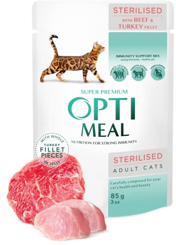 OPTIMEAL Super Premium Sterilised Nassfutter für sterilisierte Katzen - Rindfleisch und Putenfilet in Gelee (12 x 85g) von OPtimeal