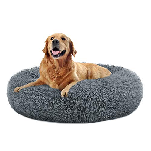 OQQ Rundes Plüschbett für große, mittelgroße Hunde und Katzen, beruhigendes Hundebett, Kunstfellkissen, Haustier-Donut-Kuschelbett von OQQ