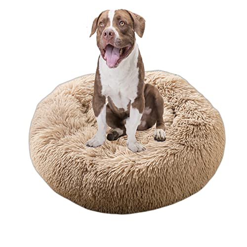 Donut-Haustierbett für große, mittelgroße Hunde, 70/90/120/140/160 cm, flauschige, beruhigende Katzenbett-Matratze, weiches, rundes Haustiernest, Anti-Angstlinderung, rutschfeste Unterseite, M-90 x 90 x 20 cm, Khaki von OREAMY