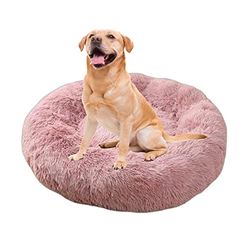 Donut-Hundebett, großes Hunde- und Katzenbett, Plüsch-Donut-Kuschelbett mit rutschfester Unterseite, rundes beruhigendes Haustierbett, waschbares Katzenkissen, Bett, Welpenhütte, Schlafsack, 120 cm, Rosa von OREAMY