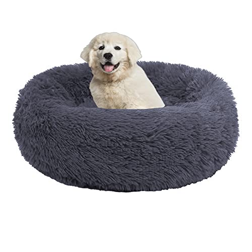 Hundebetten für kleine/mittelgroße/große Hunde mit rutschfester Unterseite, 20 cm hoch, beruhigend, großes Haustierbett, Plüsch-Welpen-Katzenbett, flauschiges Kuschelkissen, Haustiernest, maschinenwaschbar, 150 cm, Dunkelgrau von OREAMY