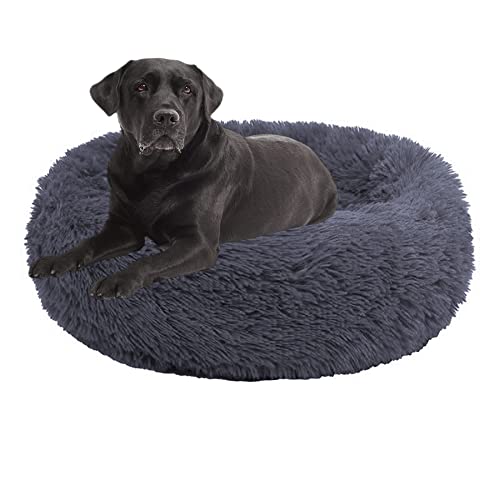 Rundes Haustierbett, beruhigendes Hunde- und Katzenbett, großes Hundebett, waschbar, Donut-Hundebett, mittelgroß, klein, waschbar, Welpen, Kuschelbett, Kätzchenbett, Hundebett für Hundehütte, 100 cm, Dunkelgrau von OREAMY