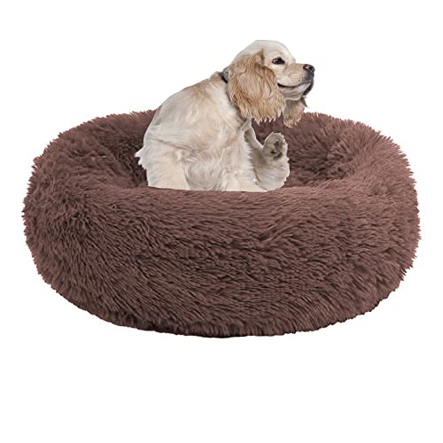 Rundes beruhigendes Hundebett, Katzenbett, Matratze, Welpen, Kätzchen, Kuschelbett, extra großes Hundekissen, Sofa, warmes Plüsch-Haustierbett, Haustiernest mit rutschfester Unterseite, 100 cm, Kaffee von OREAMY